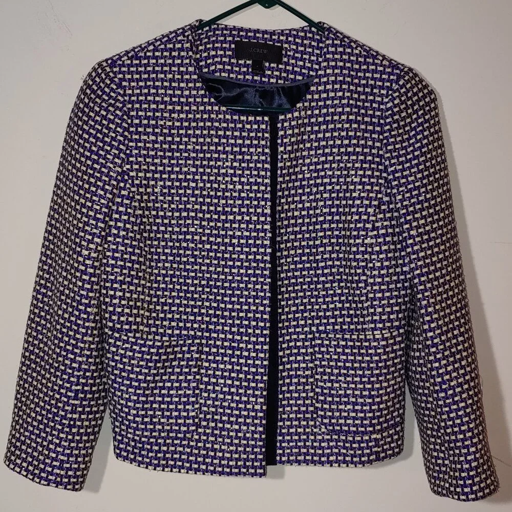 J Crew Navy 3/4 Sleeve Cropped Silk Blend Tweed Blazer Jacket Size 4